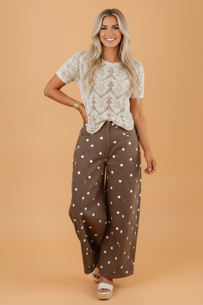 Polka Dot Denim Tailored Seam Barrel Leg Jeans