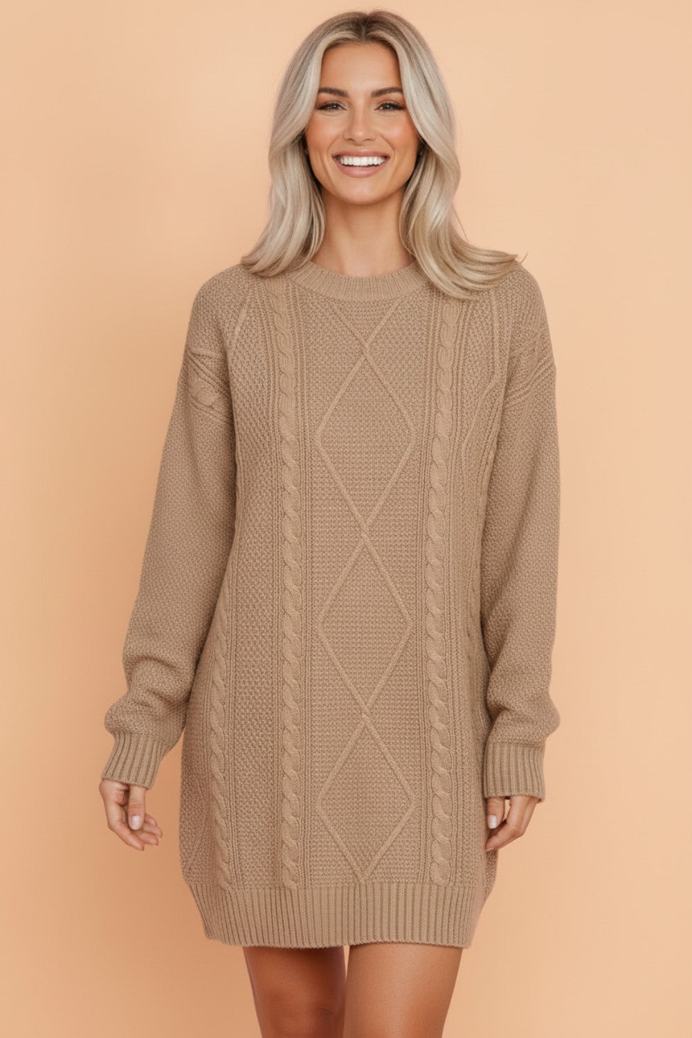 Solid Cable Knit Drop Shoulder Sweater Dress
