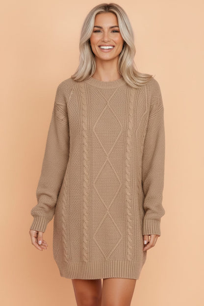 Solid Cable Knit Drop Shoulder Sweater Dress