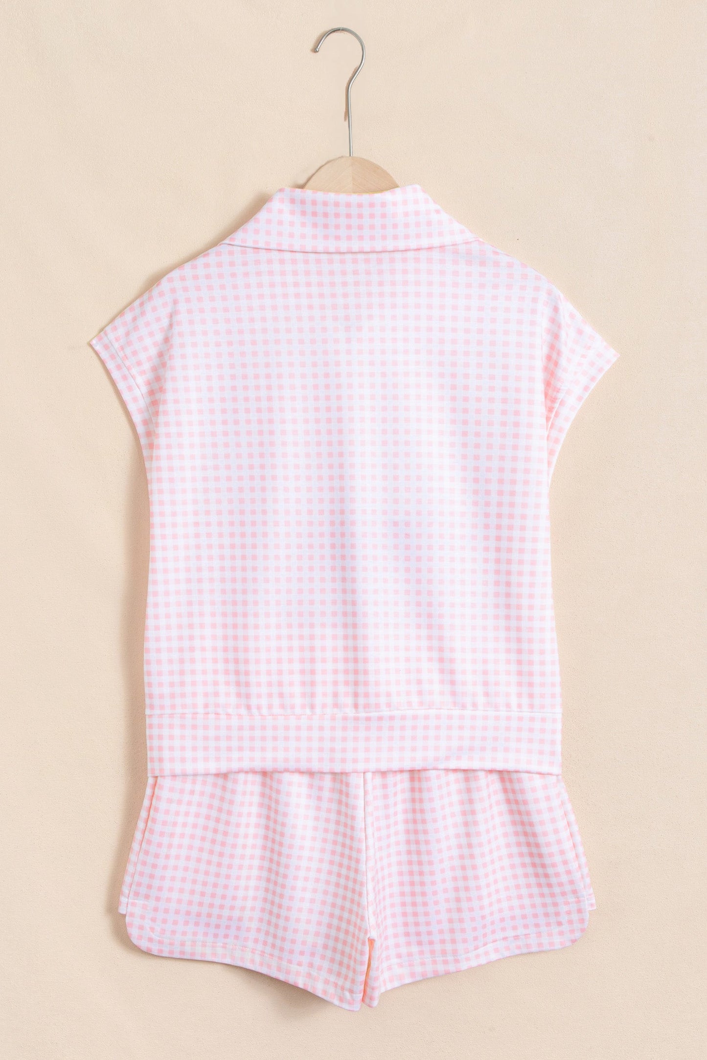 Gingham Half Zip Top & Elastic Waist Shorts Set