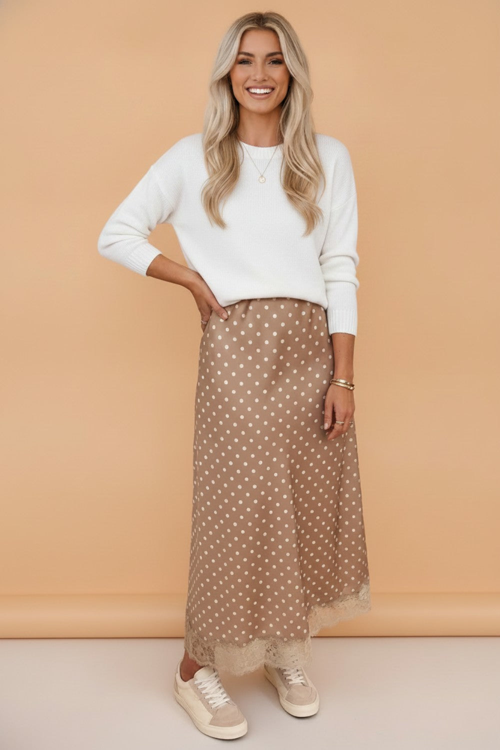 Polka Dot Lace Hem Midi Skirt