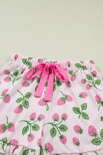 Stripe Strawberry Lapel Shirt & Drawstring Shorts Set