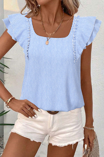 Stripe Bow Square Neck Ruffle Sleeve Blouse