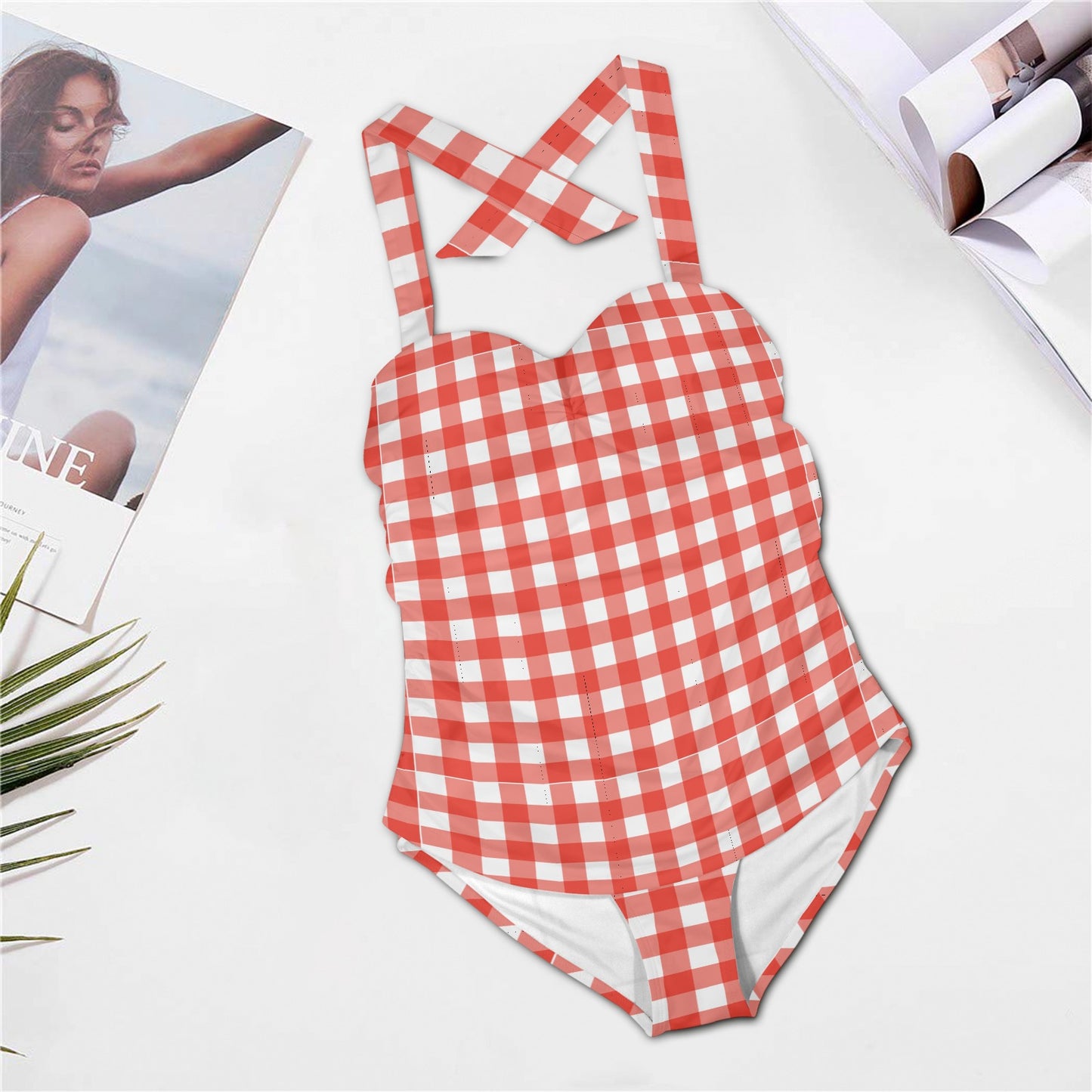 Vintage Farm Girl Red Plaid Halter Neck Swimsuit