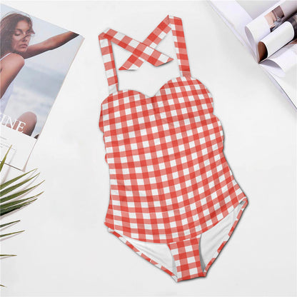 Vintage Farm Girl Red Plaid Halter Neck Swimsuit