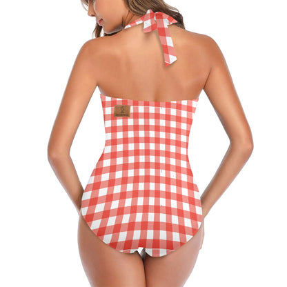 Vintage Farm Girl Red Plaid Halter Neck Swimsuit