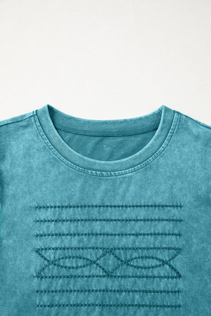 Western Embroidered Mineral Wash Puff Sleeve Tee