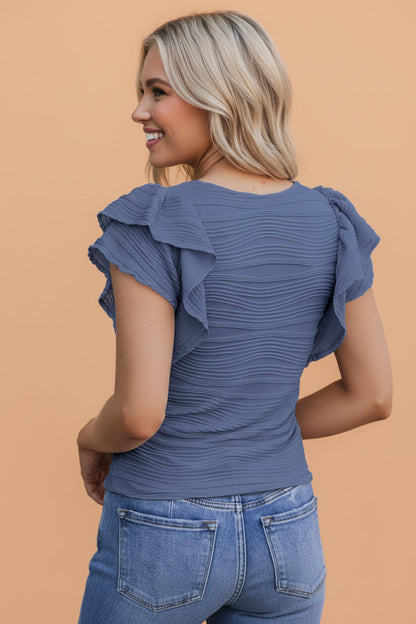 Wavy Textured Ruffle Short Sleeve Top