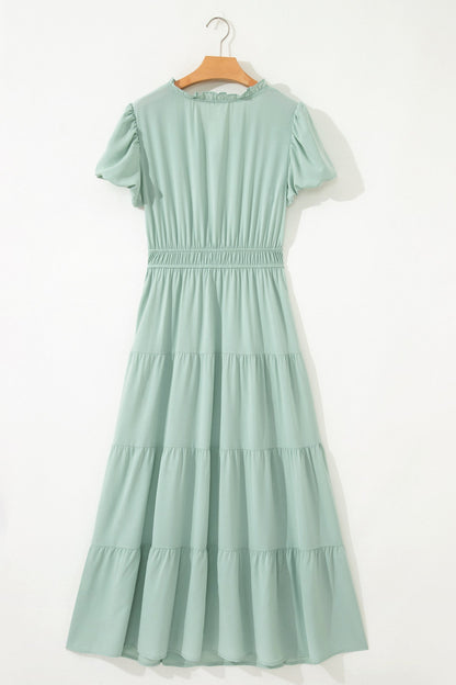 Solid V-Neck Short Puff Sleeve Tiered Maxi Dress