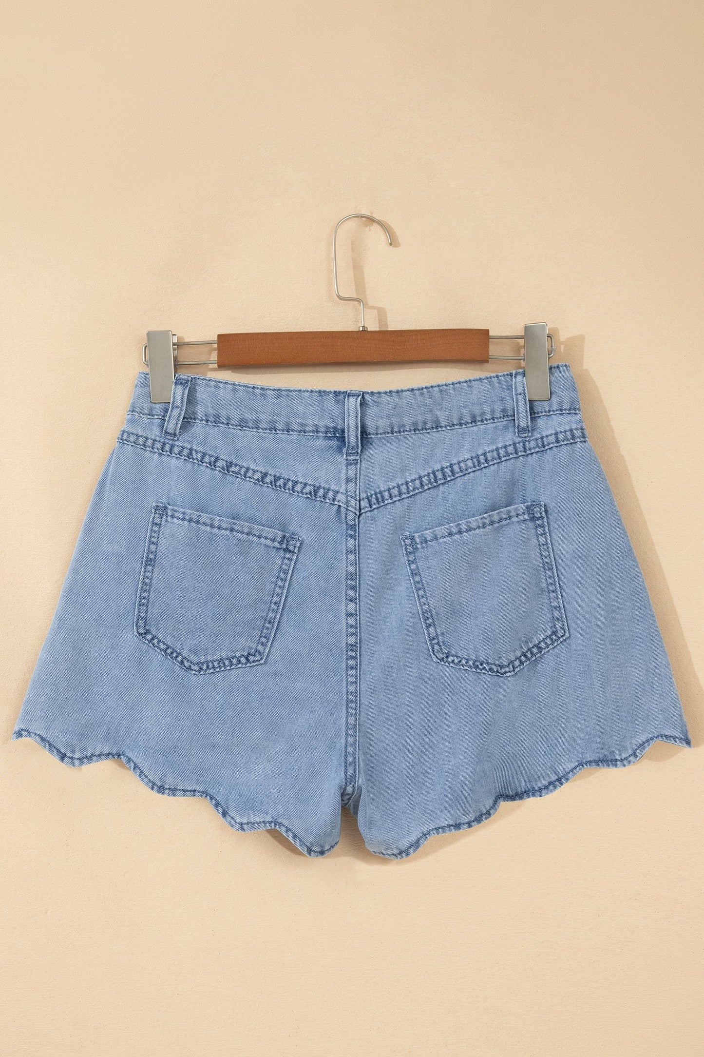 Solid Denim Scalloped Trim High Waist Shorts