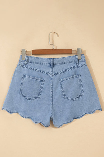 Solid Denim Scalloped Trim High Waist Shorts