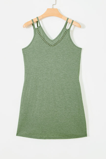 Solid Lace Trim V-Neck Sleeveless Mini Dress