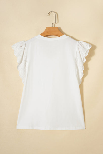 Eyelet Embroidered Flutter Sleeve Patchwork V-Neck Tee