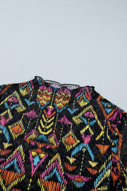 Aztec Mesh Mock Neck Long Sleeve Top