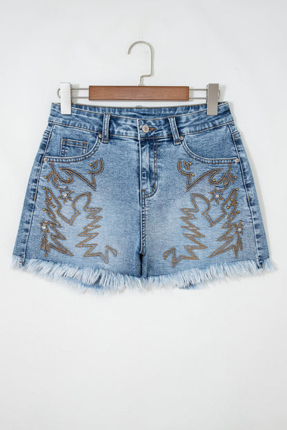 Western Embroidered Studded Denim Shorts