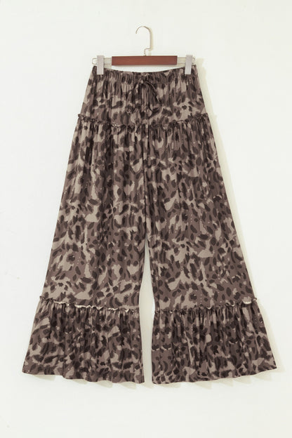 Abstract Leopard Ruffle Tiered Wide Leg Pants