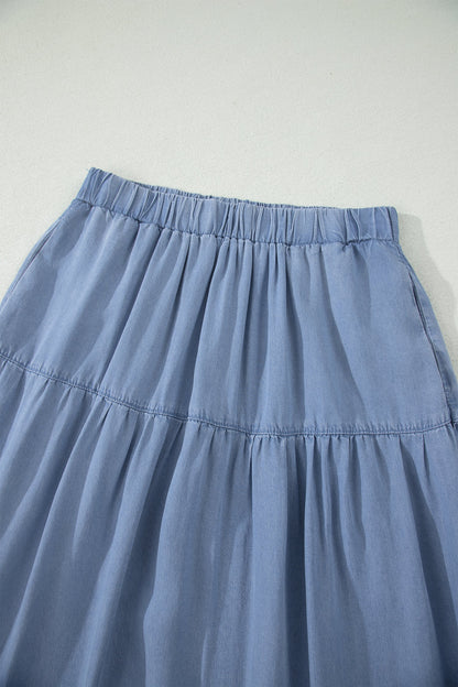 Denim Ruffle Tiered Flared Maxi Skirt