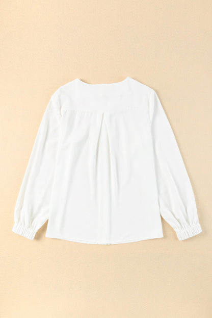Solid Pleated Crewneck Puff Long Sleeve Shirt