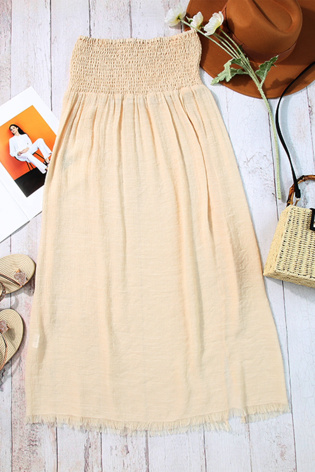 Solid Shirred High Waist Side Slit Beach Maxi Skirt
