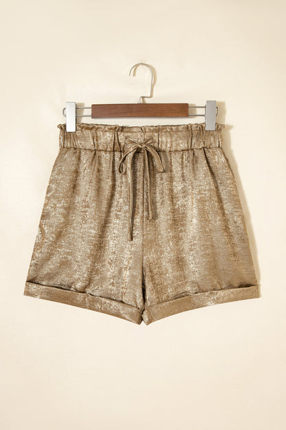 Metallic Tie Elastic Waist Cuffed Hem Shorts