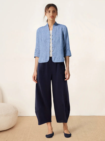 100% Linen Stand-Collar Half-Sleeve Fitted Jacket AMELIA