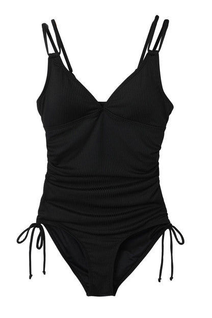 Solid Ribbed Knit Adjustable Strap One-Piece Swimsuit