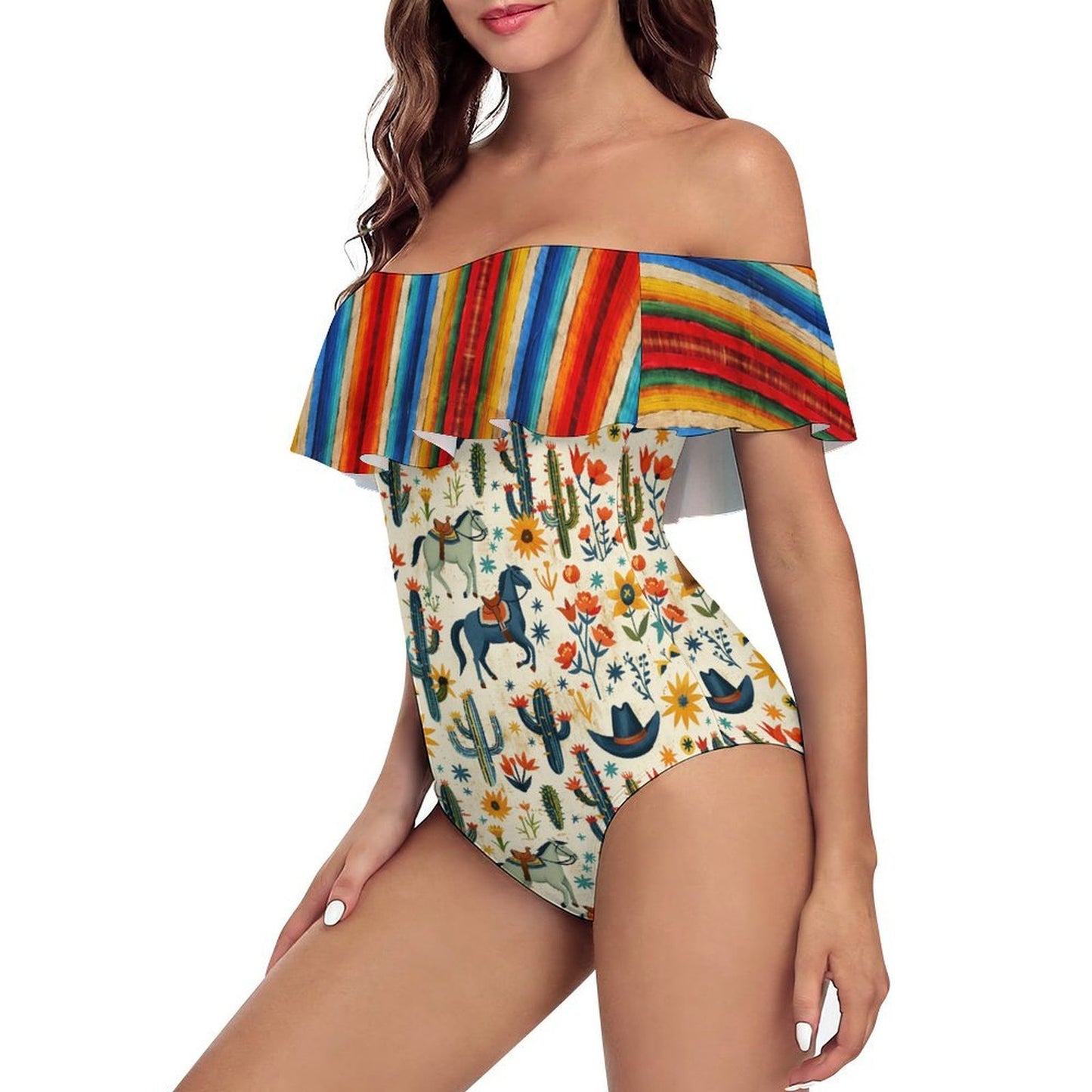 South Of The Border Serape Off-Shoulder Ruffle One-Piece Swimsuit