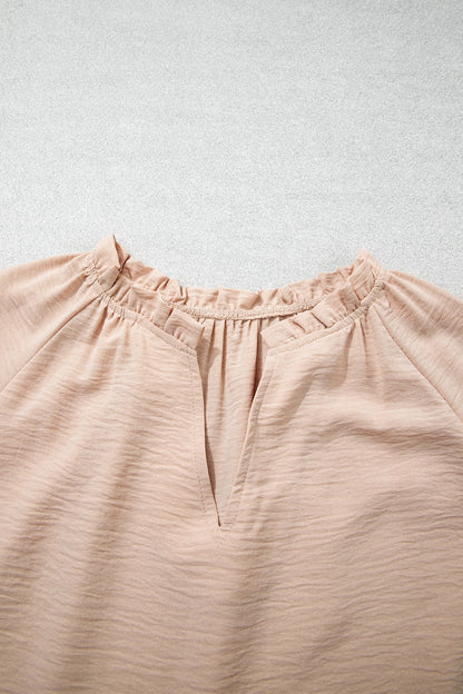 Solid Gathered Cuff 3/4 Sleeve V-Neck Blouse