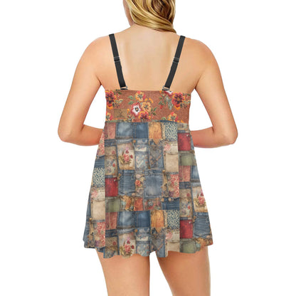 Rustic Patchwork Chest Pleat Swim Dress