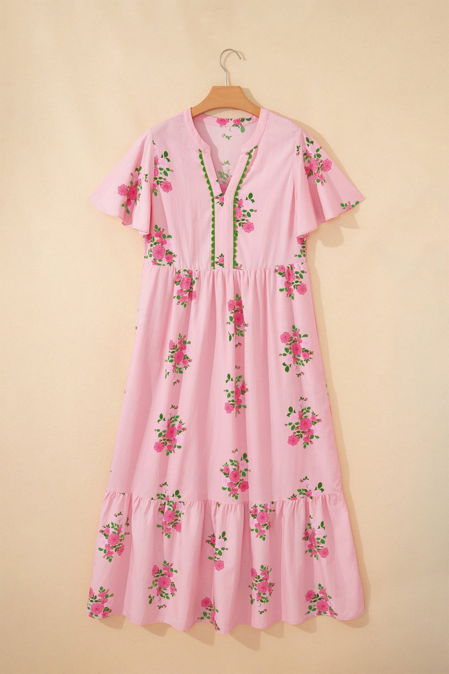 Floral Notched Neck Flutter Sleeve Maxi Dress