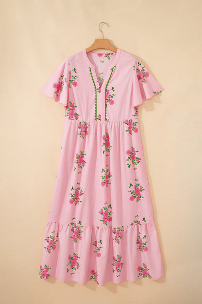 Floral Notched Neck Flutter Sleeve Maxi Dress