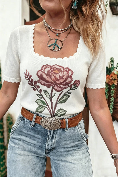 Western Floral Scalloped Square Neck Knit Top