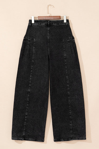 Mineral Wash Pleated Wide Leg Denim Pants