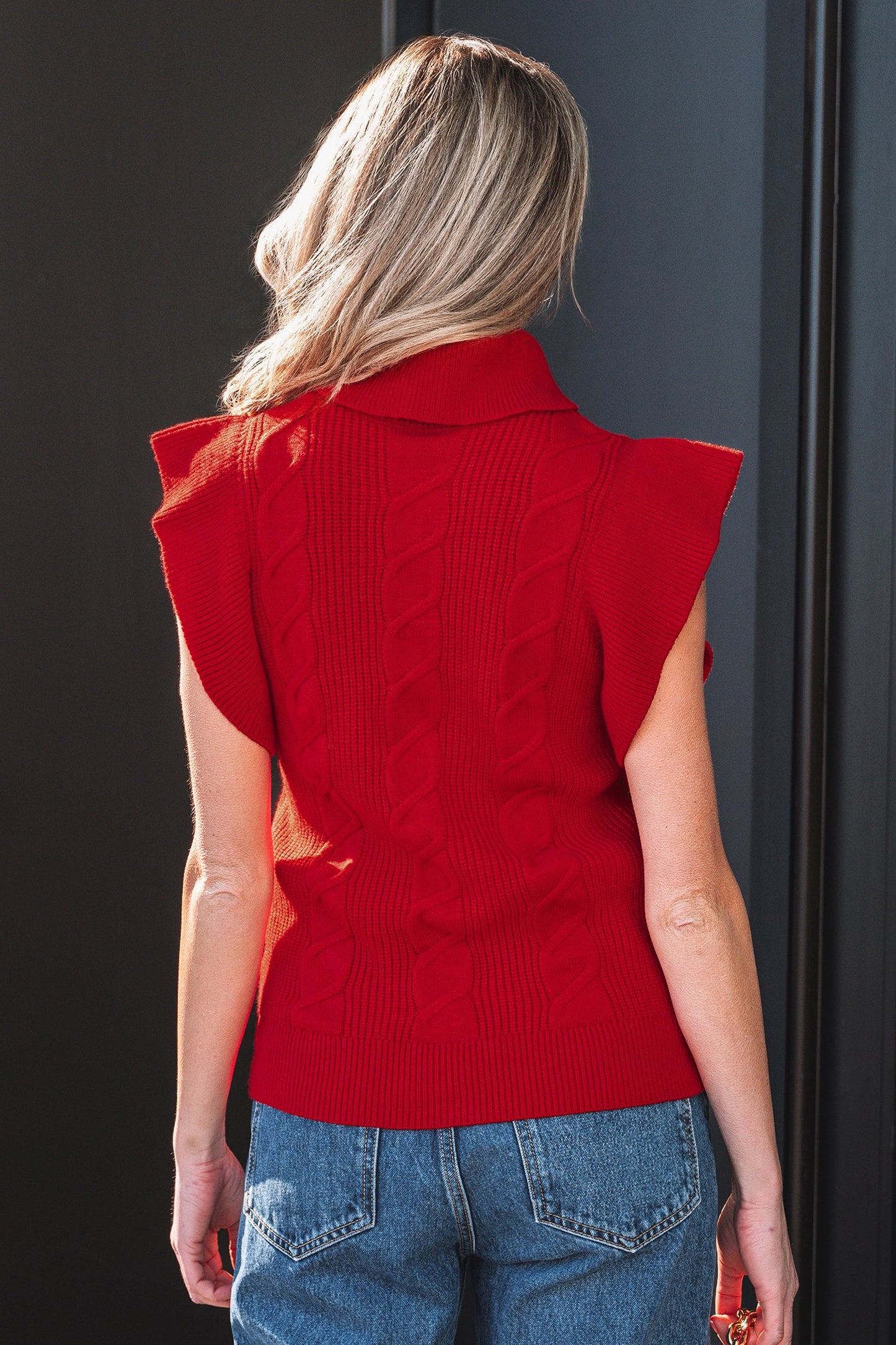 Cable Knit Turtleneck Ruffle Short Sleeve Sweater