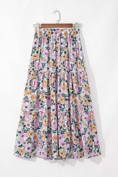 Boho Floral Side Slit Tiered Maxi Skirt