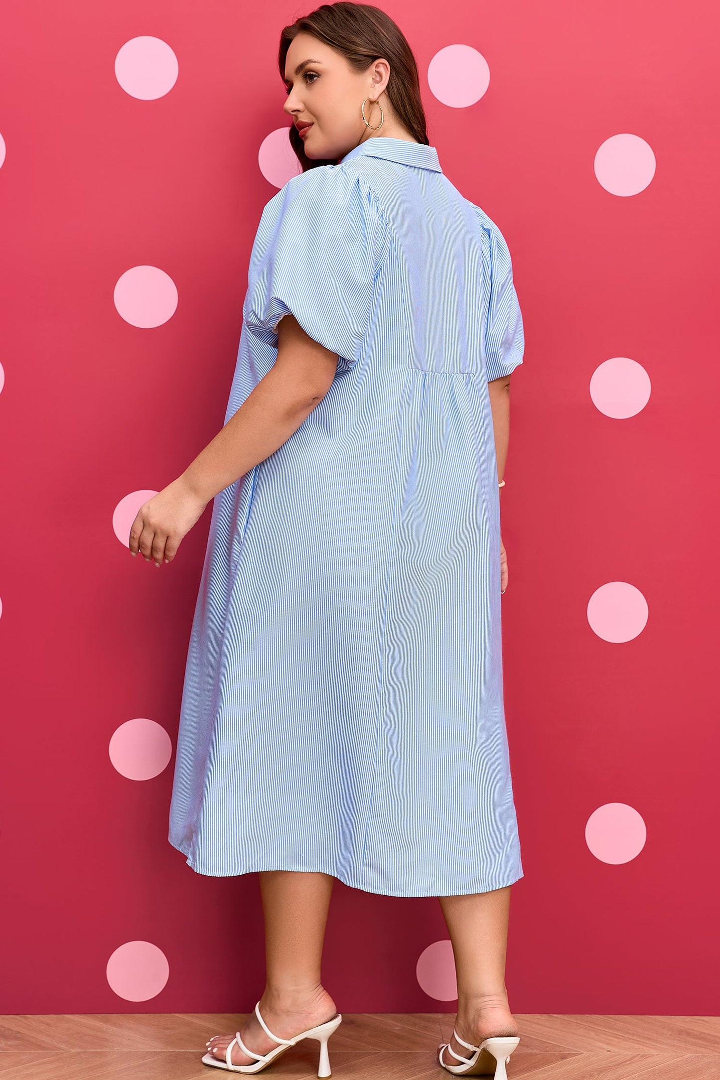 Plus Size Stripe Shirred Collared V-Neck Midi Dress