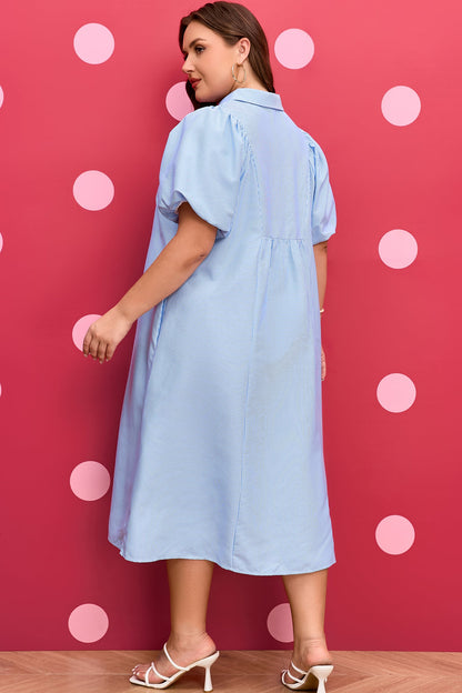 Plus Size Stripe Shirred Collared V-Neck Midi Dress