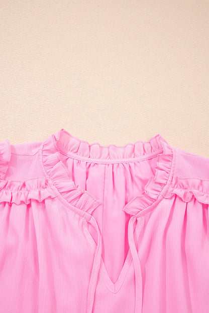 Plus Size Solid Ruffle Tassel Tie V-Neck Blouse