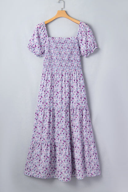 Plus Size Floral Smocked Square Neck Maxi Dress