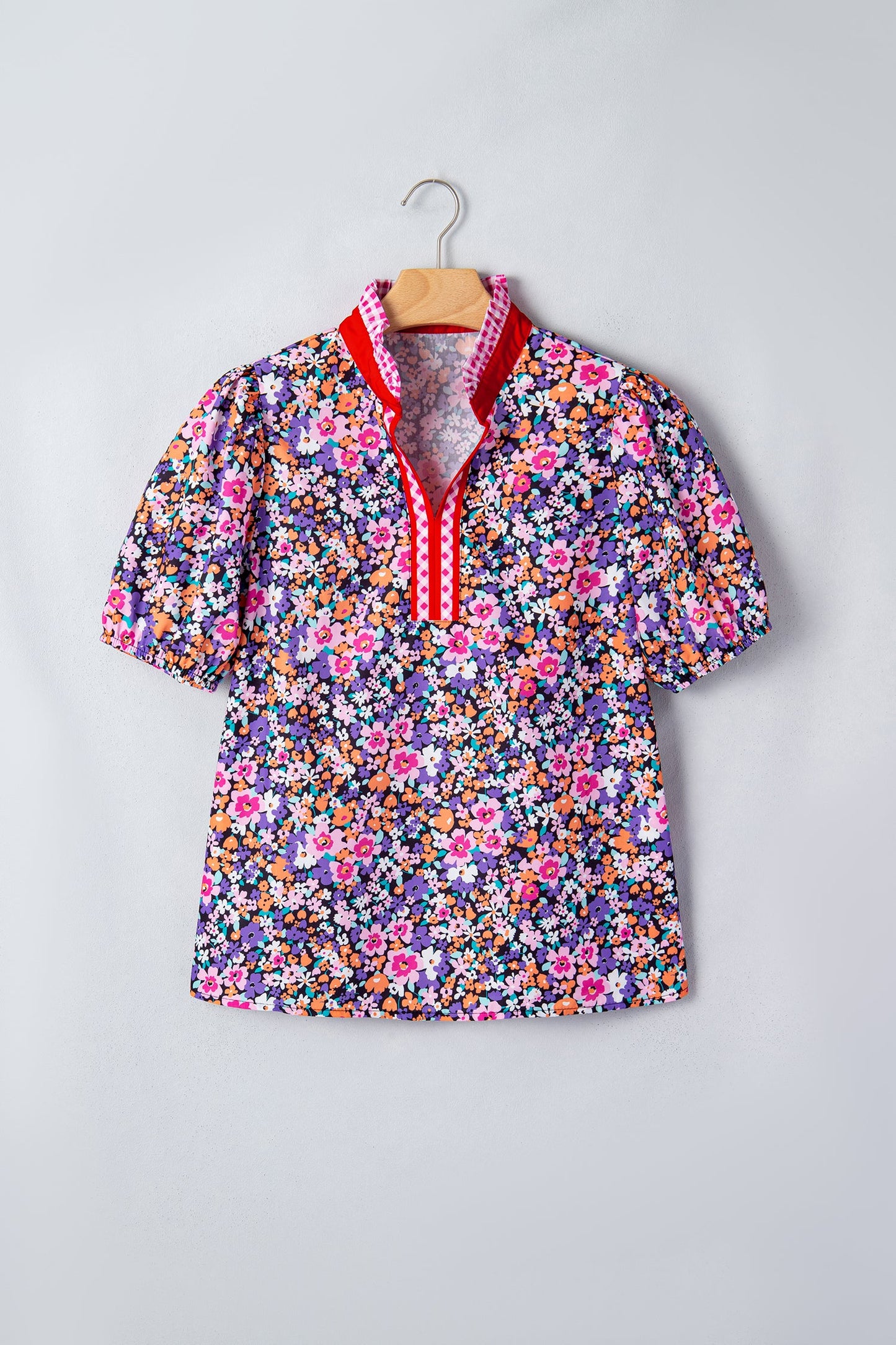 Floral Gingham Colorblock Trim V-Neck Blouse