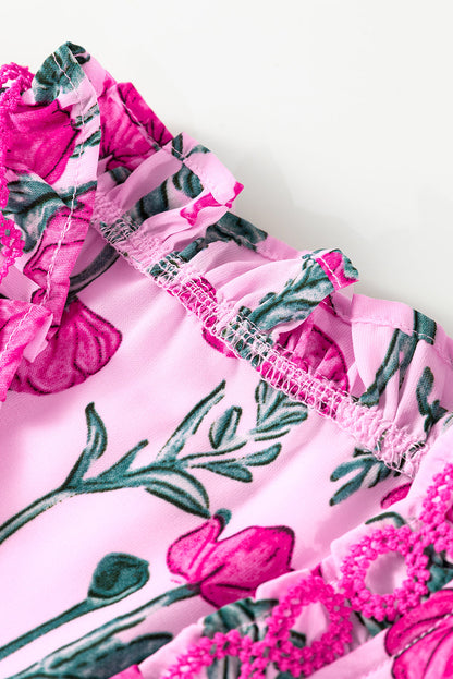 Floral Lace Detail Frilled V-Neck Short Sleeve Blouse