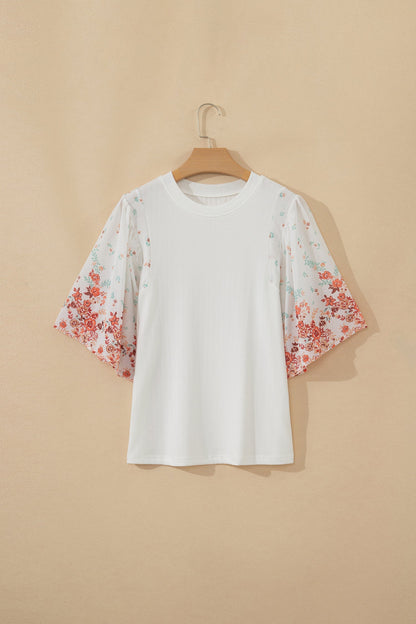 Floral Patchwork Ribbed Knit Short Sleeve Top