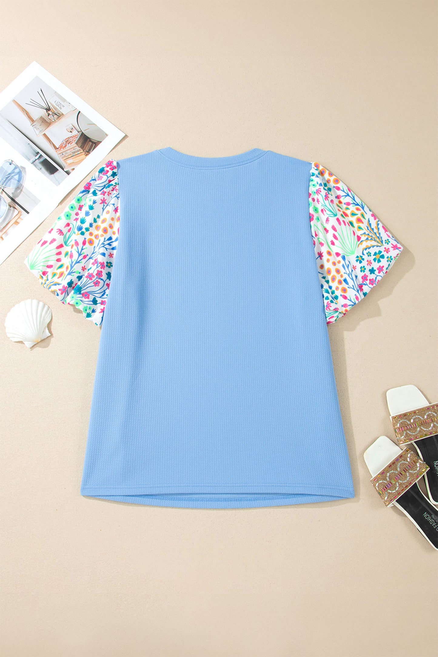 Plus Size Floral Patchwork Puff Sleeve Textured Top