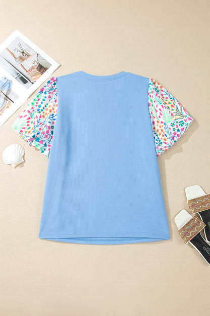 Plus Size Floral Patchwork Puff Sleeve Textured Top