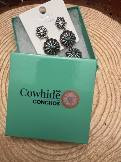 Western 3-Concho Dangle Earrings with Faux Turquoise — 2¼" Drop