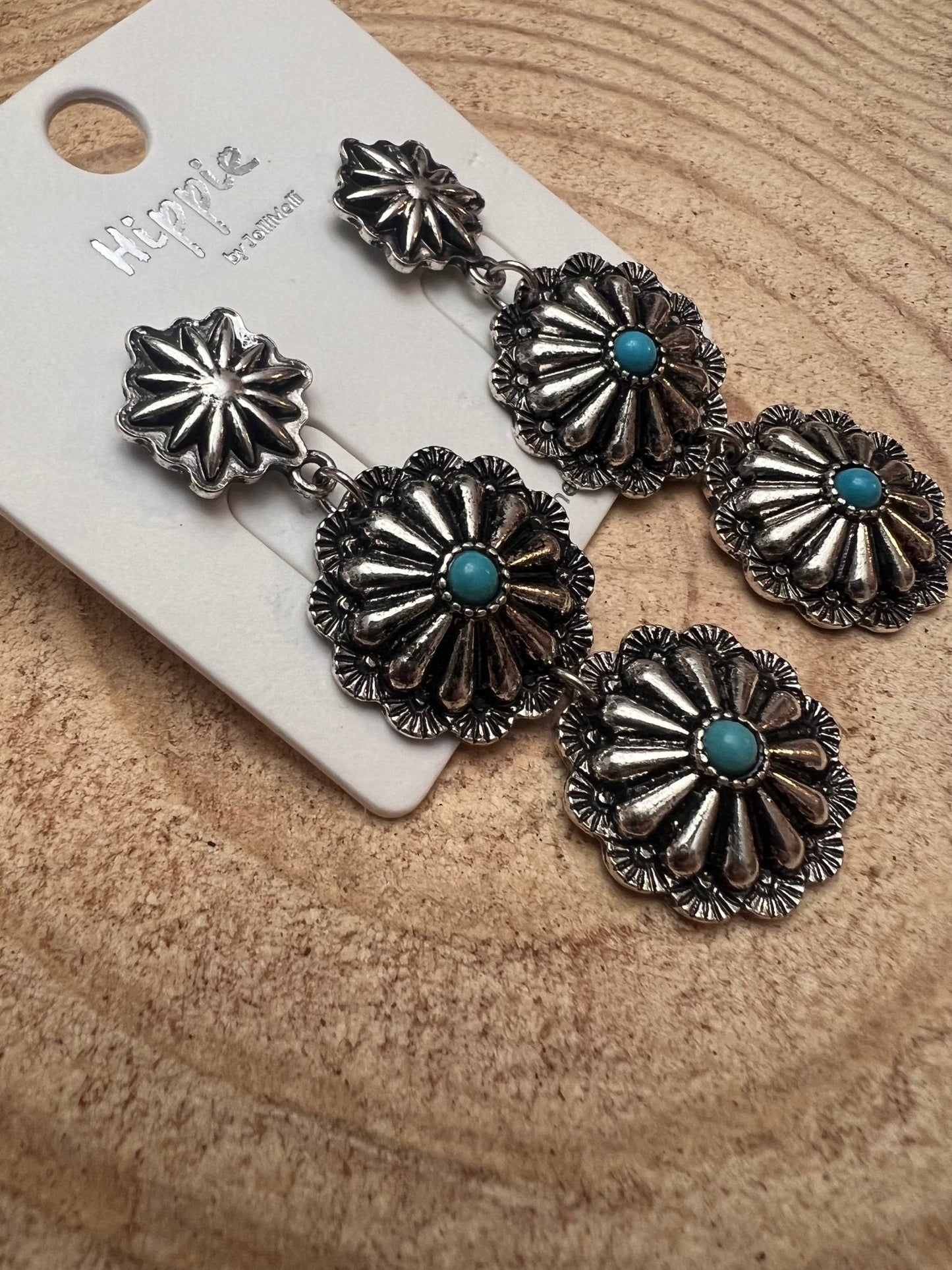 Western 3-Concho Dangle Earrings with Faux Turquoise — 2¼" Drop
