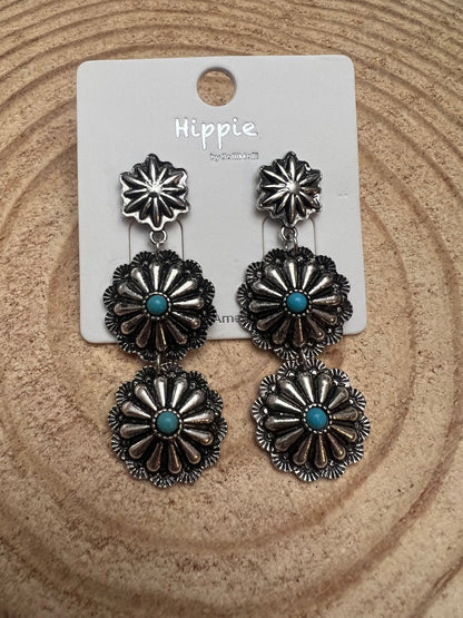 Western 3-Concho Dangle Earrings with Faux Turquoise — 2¼" Drop