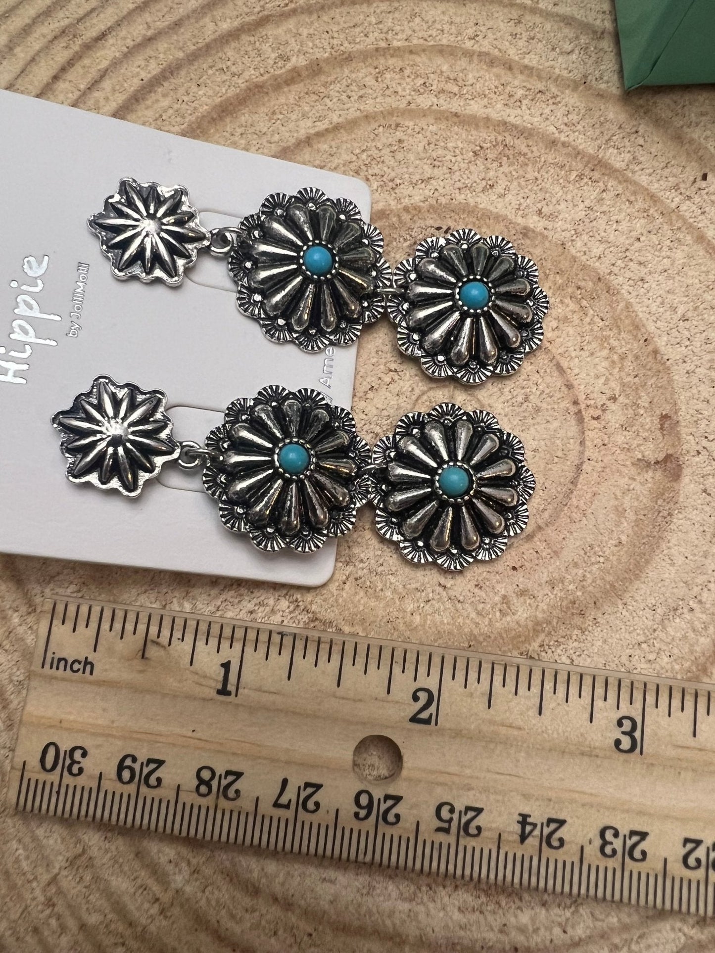 Western 3-Concho Dangle Earrings with Faux Turquoise — 2¼" Drop