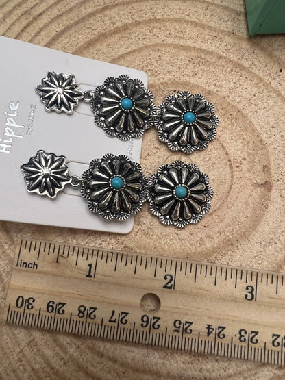 Western 3-Concho Dangle Earrings with Faux Turquoise — 2¼" Drop