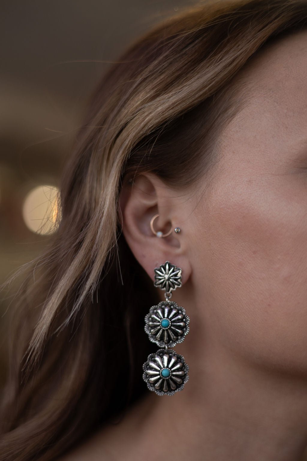 Western 3-Concho Dangle Earrings with Faux Turquoise — 2¼" Drop